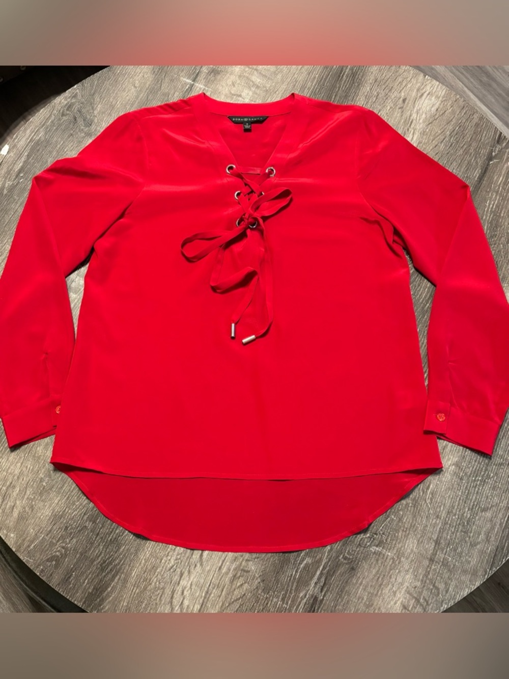 Dora Landa 100% Silk Red Lace-Up Long Sleeve Blouse Size S